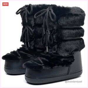 Faux Fur Lace-Up Mid-Calf Winter Snow Boots Water-Resistant Platform